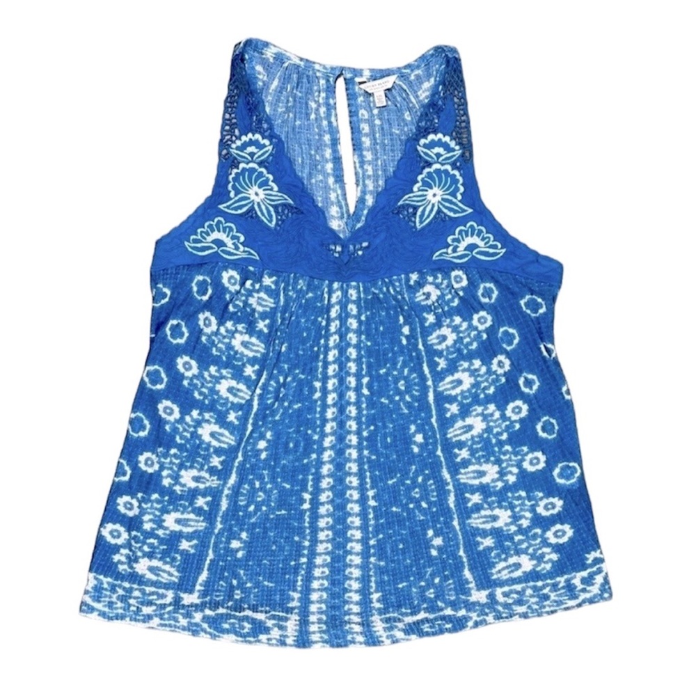 Lucky Brand Boho Sleeveless Tank Blouse Blue White Size Large